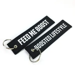 No Minimum Feed Me Boost Embroidery Key Chain Custom Logo Fabric Woven Keychain Custom Keychain