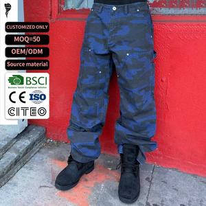 Pantalon cargo jogger pour homme, coupe droite, robuste, bleu camouflage, multi-poches, vintage, pour l'extérieur, avec design - Product Image 1