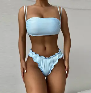 Baby Blue Girls Sexy Bikini Ruffle Lace Ribbed Wholesales Swimsuit for Women Bikini 2023 Swimwear & Beachwear