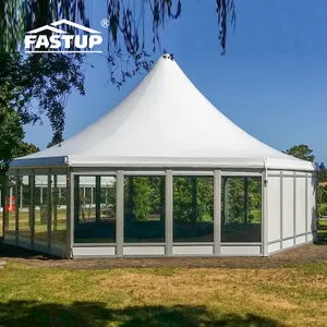 Tenda heksagon untuk pernikahan, tenda Pagoda struktur dinding kaca aluminium 6m 8m 10m 12m untuk acara katering pernikahan