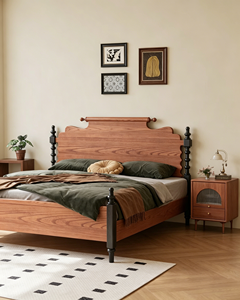 Premium Solid Wood <b>Bed</b> Frame French Vintage Wavy <b>Headboard</b> Black Turned Legs Stable Bedroom Furniture Home Guest Room Wooden Dou - Product Image 5