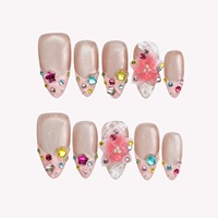 Offre Spéciale – Faux Ongles en Acrylique à Presser, Forme Amande Moyenne, Rose Nude Effet Œil de Chat, avec Strass Étoiles Colorées 3D et Fleurs, pour Usage Quotidien