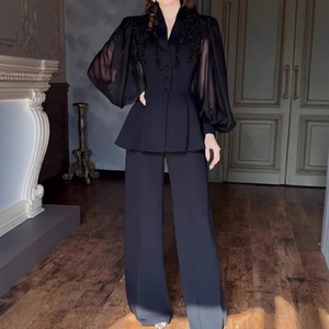 ชุดเซ็ต 2 ชิ้น เสื้อแขนยาวประดับเพชรและกางเกงขายาวสไตล์ตะวันออกกลางสำหรับผู้หญิง แฟชั่นเซ็กซี่ - Product Image 1