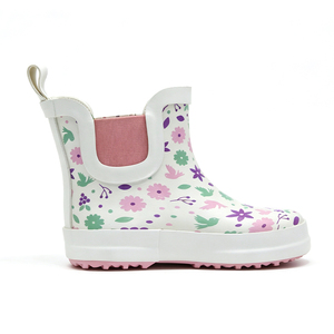 Stivali da Pioggia Chelsea in <span class=keywords><strong>Gomma</strong></span> per Bambine, Produzione OEM ODM, Bianchi con Stampa Floreale e Uccelli, Impermeabili, Slip-on, <span class=keywords><strong>Stivaletti</strong></span> Corti per Bambini - Product Image 4