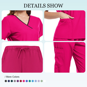 Women Scrub Set Solid Color V-Neck Top Straight Leg Pants Moisture Wicking Hospital Uniforms - Product Image 3