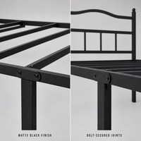 Queen-Size-Metallplattformbettgestell mit Kopfteil, matt-schwarzes Stahlbettgestell mit Lattenrost ohne Boxspring