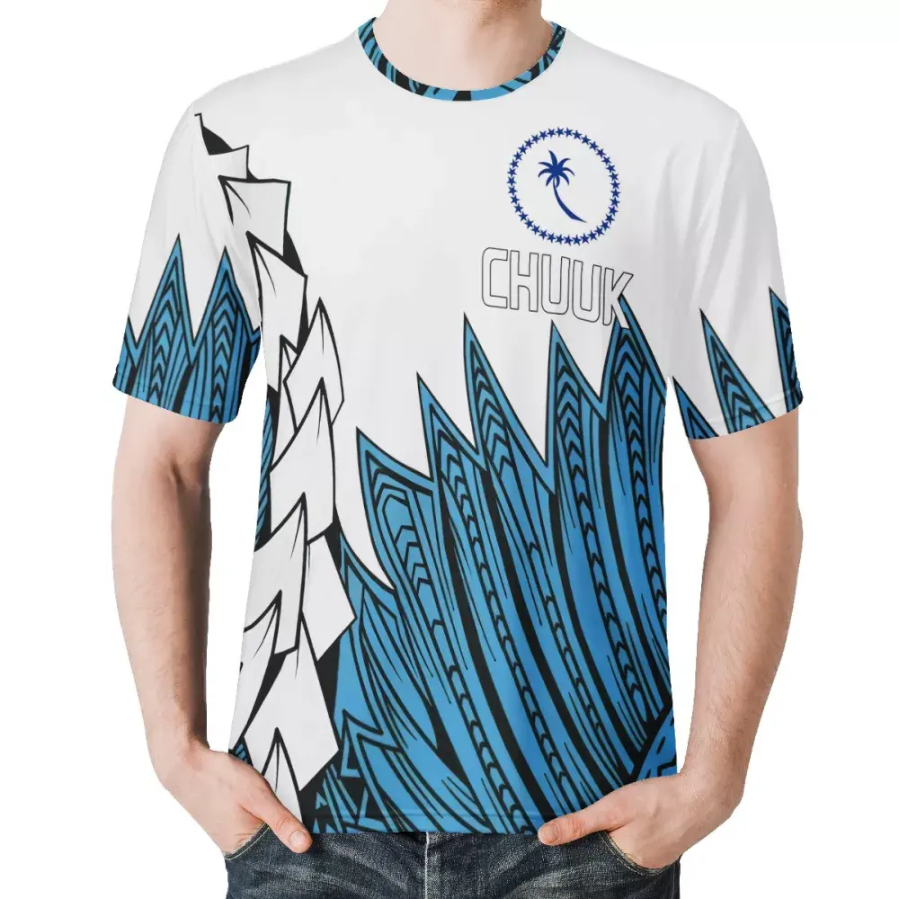 Camiseta polinesiana de diseño tribal para hombres y mujeres, camisa de playa con logotipo personalizado chuuk, precio barato, color blanco y azul