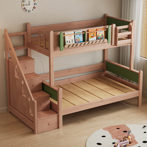 Lit superposé en bois massif de pin avec rangements hauts et bas, lit double pour chambre d'enfant avec couchettes supérieure et inférieure - Product Image 2