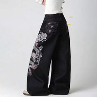 Pantalon en jean large brodé motif dragon style rétro américain – Noir, taille haute, longueur ras du sol