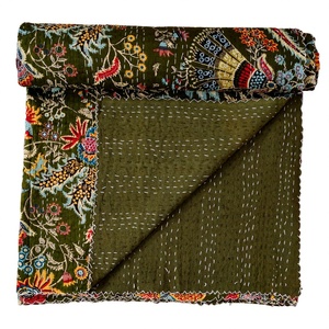 Handmade 100% Cotton Kantha Quilt Beautiful Indian Floral and paisley Print Bedspread With Home Decorative in home use - Product Image 1
