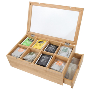 Custom Logo Magnetic Lock Bamboo Tea Bag Holder Organizer Storage Wooden Tea Box with Drawer