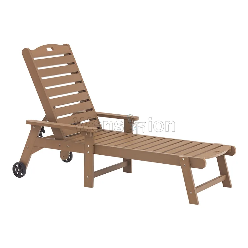 Outdoor 4-Level Backrest adjustment Beach Lounge Chairs Plastic Wood Sun Lounger Patio Pool Chaise Lounge