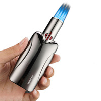 Briquet torche à quatre flammes en gros, personnalisable avec logo, rechargeable au butane, coupe-vent en alliage pour camping, barbecue et cigares, réglable