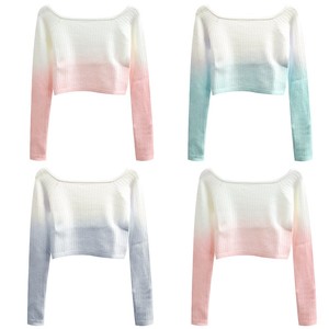 Top de punto acanalado con efecto degradado y efecto tie-dye para niñas, estilo cruzado, con hombros descubiertos, manga larga, corto, tipo suéter de ballet, para calentamiento y cobertura en danza - Product Image 1