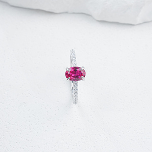 925 Sterling Silver Solitaire <b>Ring</b>, Oval Cut Lab Created Ruby with <b>CZ</b> Pave Band - Product Image 1