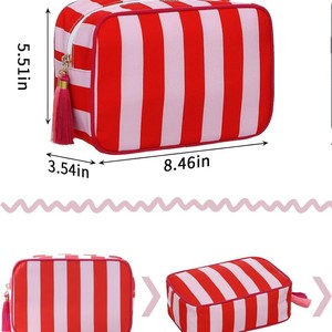 Bolsa de Maquillaje Ligera con Borlas y Logotipo Personalizado al por Mayor, Neceser de Viaje con Cierre, Estuche Cosmético a Rayas, Regalo para Mujer - Product Image 3