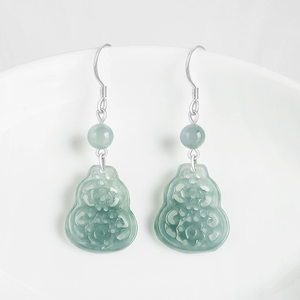 Pendientes de lirio de agua azul de jade natural genuino de grado A, conjunto de plata S925 con pendientes de jade de grado hielo, estilo elegante, pendientes para mujer. - Product Image 1