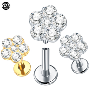 Fabriek Oem Odm Titanium Interne Schroefdraad 6 Ronde Zirkoon Bloem Platte Rug Oor Kraakbeen Piercing Sieraden Labret Lip Studs - Product Image 1