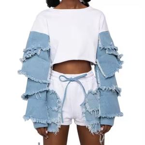 Traje Deportivo Femenino Personalizado OEM de Alta Calidad, Top Corto con Cuello Redondo y Costuras de Mezclilla Retro, Pantalones Cortos con Cintura Elástica, Traje de Algodón para Mujer - Product Image 1