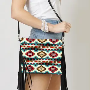 Custom Zipper Shoulder Bags Western Style Fringe Aztec Women Leather Crossbody Bags With Tassel