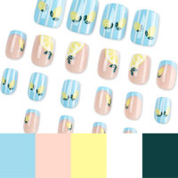 Faux ongles à presser rose et bleu style French Manucure avec motif citron et feuille verte, brillants et réutilisables pour manucure estivale 4616