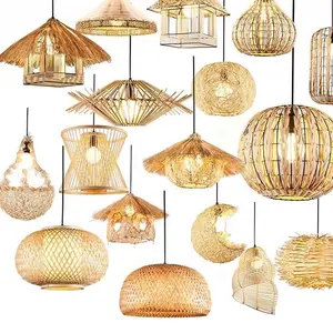 Lampu gantung bambu antik, lampu gantung bayangan gelombang rotan vintage
