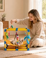 Kit d'activités pour chat à assembler soi-même, avec accessoires suspendus colorés et structure tubulaire stable pour le divertissement des chatons