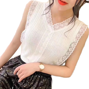 เสื้อกล้ามแฟชั่นใหม่ขายส่งสำหรับผู้หญิง คอวี ทรงเข้ารูป ผ้าโพลีเอสเตอร์/คอตตอนถักลายฉลุบางเบา สีพื้น ไม่มีแขน - Product Image 1