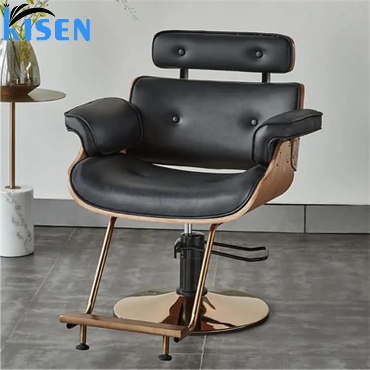 2024 hot sale low price Foshan Kisen manufacturer barber shop hair salon furniture modern black color wooden styling chair