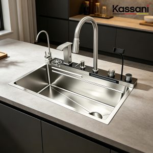 Fregadero de cocina hecho a mano Sinksmart, fregadero plateado con grifo extraíble, secador de manos y estilo cascada - Product Image 3