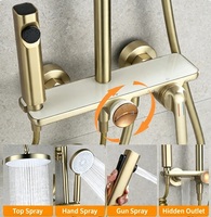 Colonne de douche encastrée en laiton massif finition or brossé, avec pommeau de pluie, douchette à main, pulvérisateur de bidet, thermostatique à double commande et jets de massage doux