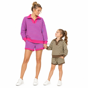 Tenues assorties maman et moi en coton rayé French Terry avec logo personnalisé, vêtements décontractés d'automne, prix d'usine US - Product Image 2