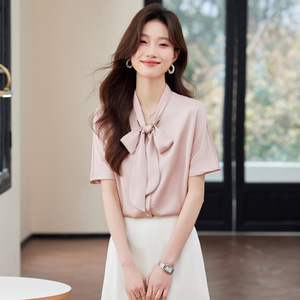 Women's Short Sleeve Chiffon Blouse Solid Color French Bow Top Office Wear Elegant Wrap And Tie Shirt - Product Image 3