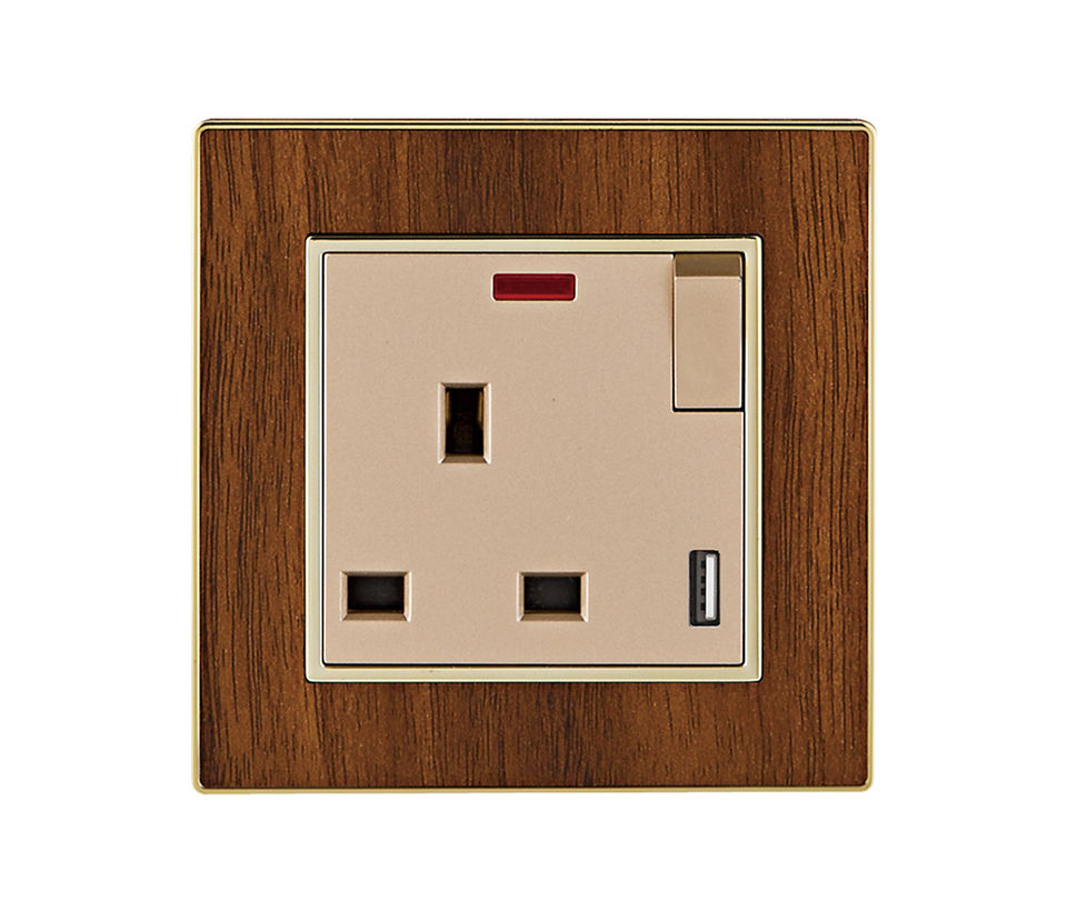 China Factory Direct Sale Uk Standard Gold Acrylic Wood Grain Panel New Design 2 Gang 2 Usb Wall Switch and Socket With Neon