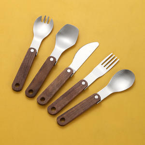 Folding Camping <b>Cutlery</b> <b>Set</b> Walnut Wood Handle 304 Stainless Steel Spoon Fork Knife <b>Portable</b> Outdoor Utensil Kit - Product Image 1