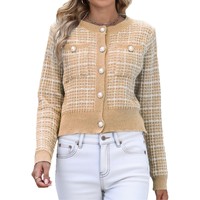 Cardigan en tricot jacquard à carreaux pour femme, élégant, avec boutons perlés, veste courte de luxe pour l'hiver
