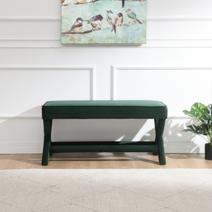 Velvet Green Upholstered <b>Bench</b> with X-Crossed Legs Comfort <b>Cushion</b> Pouf - Product Image 2