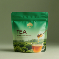 Sachet de vente au détail Tea Garden pour mélanges de thé en vrac, refermable avec fermeture éclair, à fond plat et à encoche de déchirement, pour thé vert et infusions.