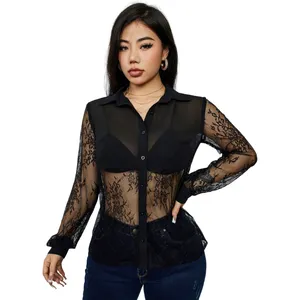 Black Summer Sexy Floral Sheer Lace Collar Long Sleeve Shirt Ladies Party Slim Fit Blouses No With Bra