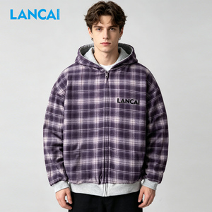 Sweat à capuche réversible personnalisé Lancai, intérieur à carreaux, coupe ample et courte, fermeture éclair YKK, style vintage vieilli, impression DTG, surdimensionné pour homme - Product Image 3