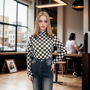 Tops Ajustados de Malla con Estampado Occidental y a Cuadros Personalizados, Tops de Manga Larga con Cuello Medio Alto, Ropa Casual para Mujer - Product Image 2