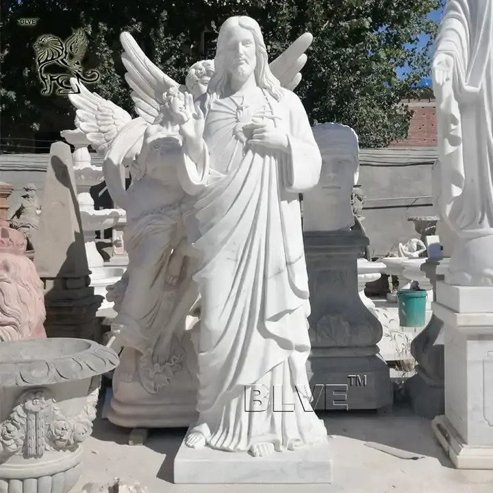 تمثال من الرخام الأبيض لنحت المسيح من حجر كاثوليكي للحدائق في الهواء الطلق بحجم طبيعي من BLVE