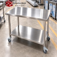 Banc de travail robuste en acier inoxydable avec roulettes, double étagère en acier inoxydable 304, table de travail mobile, fabricant sur mesure