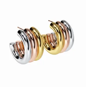 Designer Jewelry Famous Brands Hip Hop Style Tri Tone Plated Hoop Earrings Geometric Metal Jewelry Huggie Earrings For Women