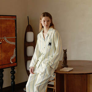 Ensemble de pyjama en pur coton brossé pour couples, imprimé rayé, poche, broderie panthère, vêtements de détente à manches longues amples et décontractés - Product Image 2