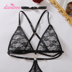 Dierlove Boutique Chic Ensemble de Lingerie Noir en Dentelle Florale, Soutien-gorge <span class=keywords><strong>Triangle</strong></span> à Bretelles, <span class=keywords><strong>Porte</strong></span>-jarretelles et String, Transparent et Ajouré, Nouveauté Sexy - Product Image 3