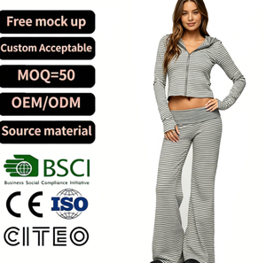 Conjunto de <span class=keywords><strong>Pantalones</strong></span> Anchos y Top Corto con Capucha a Rayas Grises para Mujer, Ropa Casual de Salón, Conjunto de Dos Piezas, Tejido de Punto Suave, Ajuste Cómodo - Product Image 1