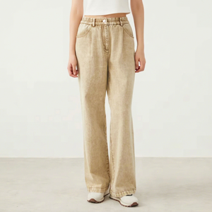 Jean droit taille haute en denim délavé bleu pour femme, coupe ample respirante style vintage, idéal toutes saisons - Product Image 1