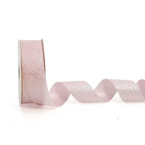 Wholesale Light Pink Glitter Satin Ribbon 100% Polyester Gift For Wrap Flowers Decoration