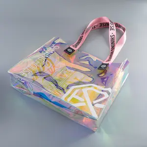 Hot bán biểu tượng tùy chỉnh PVC Holographic Tote Túi mạnh mẽ hơn xử lý rõ ràng Hologram PVC bao bì túi bãi biển phụ nữ mua sắm túi